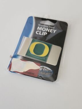 Stainless Steel Money Clip with Green & Yellow Emblem - University O Style
